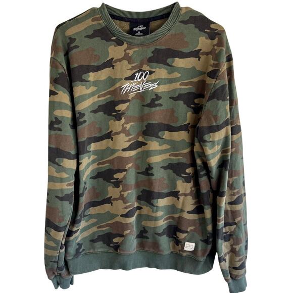 100 Thieves Mens Camo Gaming Pullover‎ Woodland Crewneck Sweater Sweatshirt Sz M - Picture 1 of 6